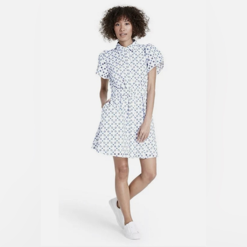 ALEXIS Isaias Dress White/Blue Dot Tulip Collared  Embroidered Shirtdress Size M